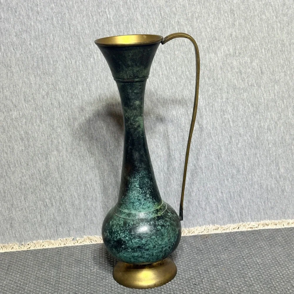 Vintage Grn Verdigris Enamel & Brass Pitcher/Vase Slender Handle Decor 9.5in